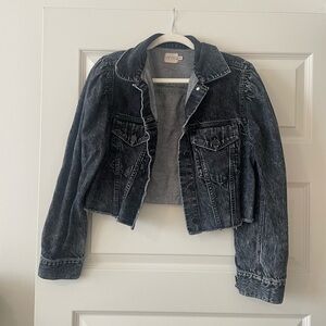 Alice + Olivia Cropped Puff Sleeve Frayed Acid Wash Jacket